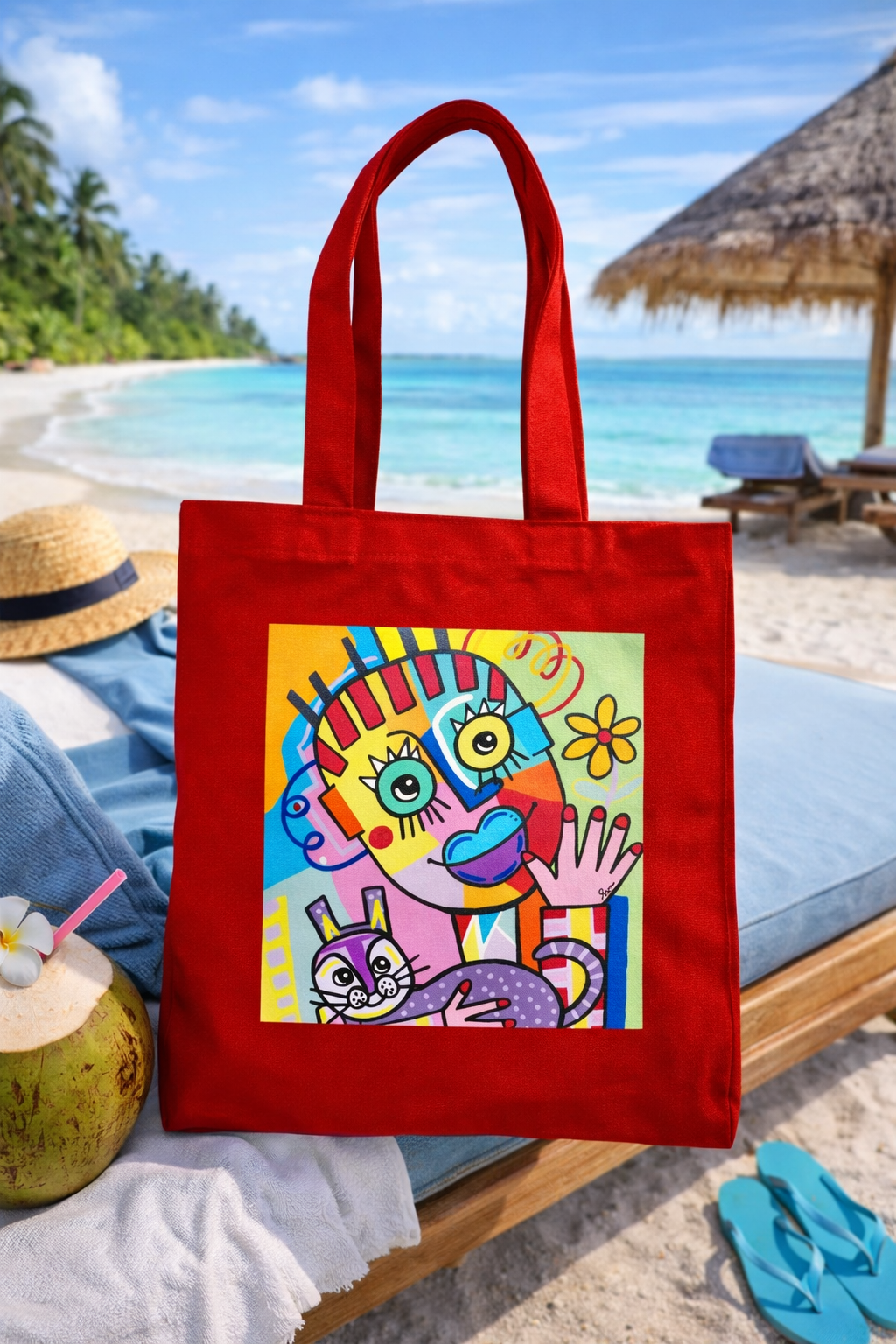 Red Canvas Tote Bag with Original Artwork