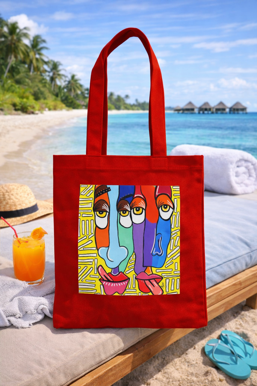 Red Canvas Tote Bag with Original Artwork